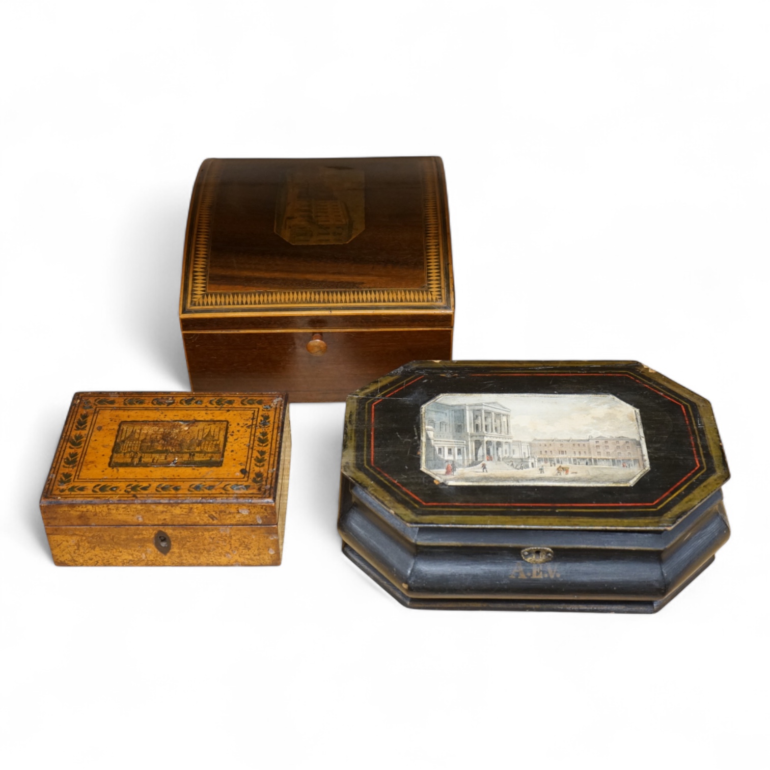 Three 19th century boxes, all with printed views of Brighton, tallest 13cm